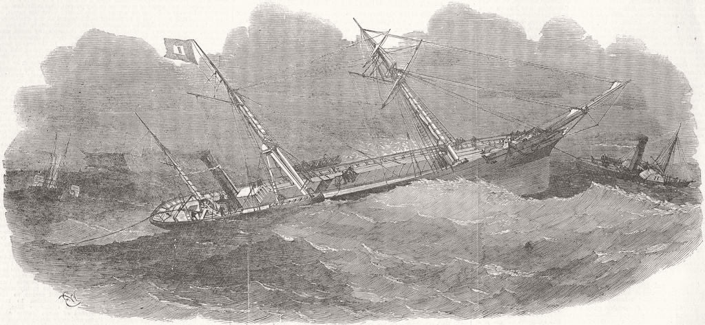 SHIPS. William Hutt paying out electric cable 1853 old antique print picture